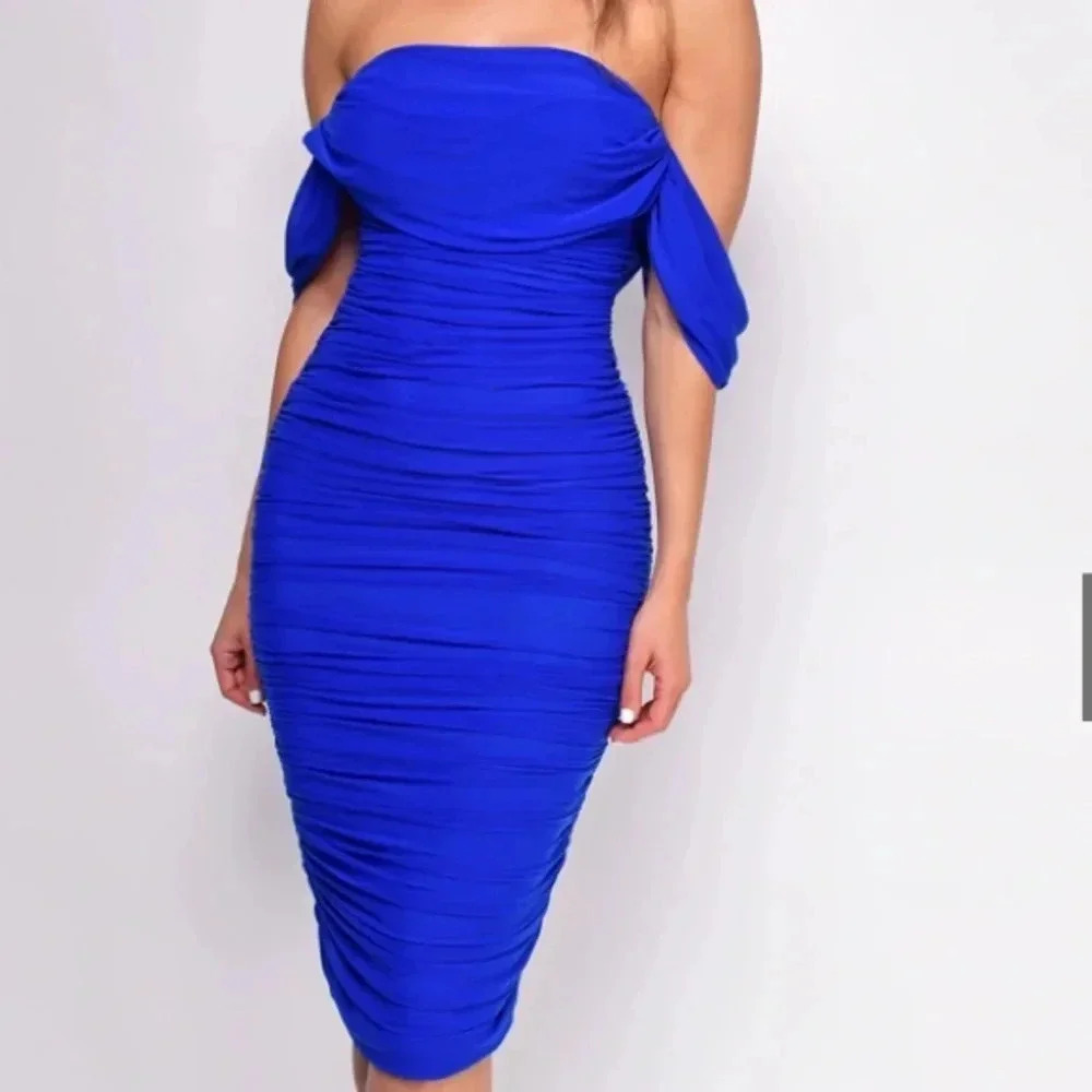 Nwt Emprada Kat Royal Blue Mesh Off Shoulder Dress Size Medium — image 8 of 8